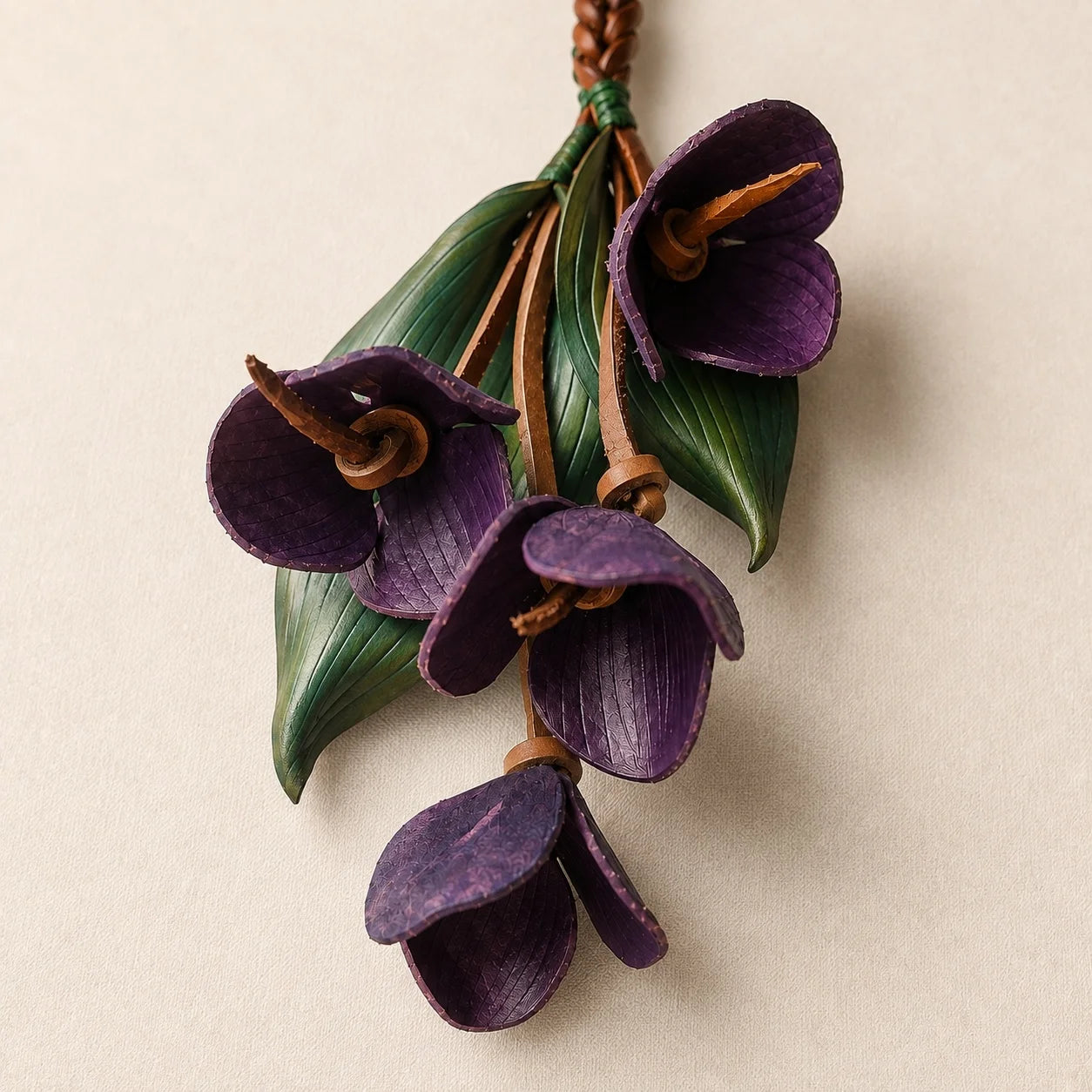 Sculptural Purple Orchid Cascade Leather Bag Charm with Four Handcrafted Blooms, Large Botanical Handbag Accessory