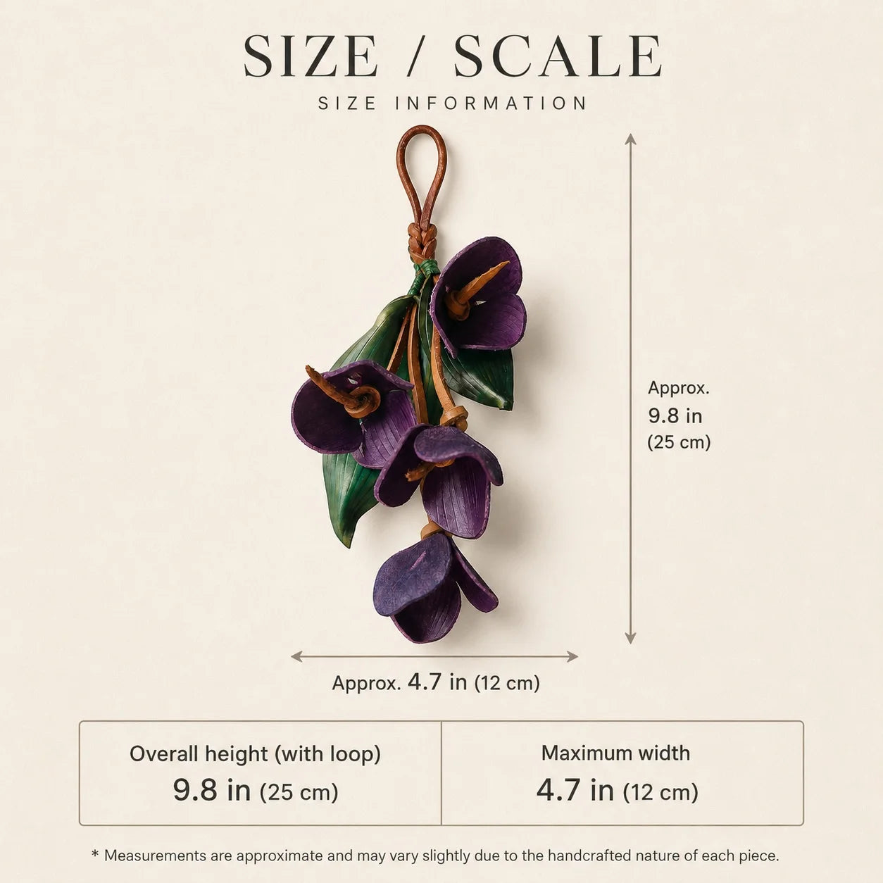 Sculptural Purple Orchid Cascade Leather Bag Charm with Four Handcrafted Blooms, Large Botanical Handbag Accessory