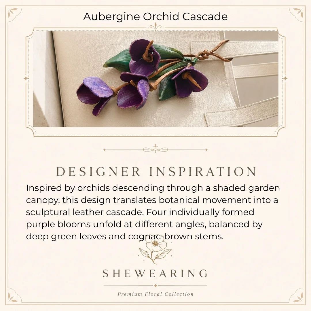 Sculptural Purple Orchid Cascade Leather Bag Charm with Four Handcrafted Blooms, Large Botanical Handbag Accessory