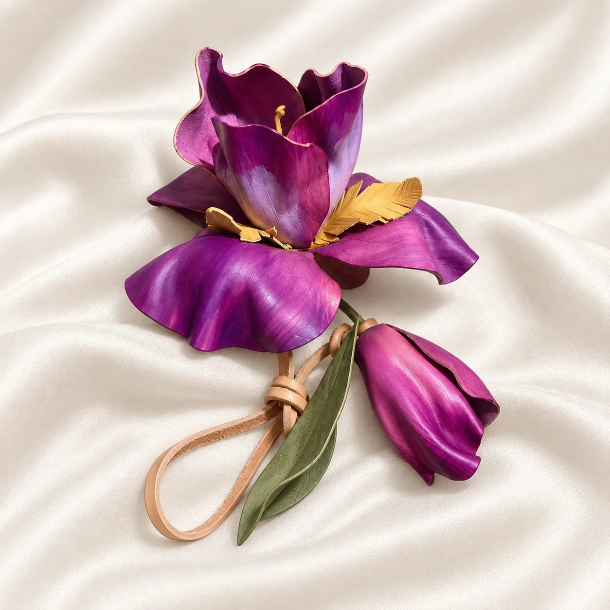 Handcrafted Sculptural Purple Leather Floral Bag Charm with Golden Botanical Accents and Pendant Bud for Refined, Artful Handbag Styling for Women