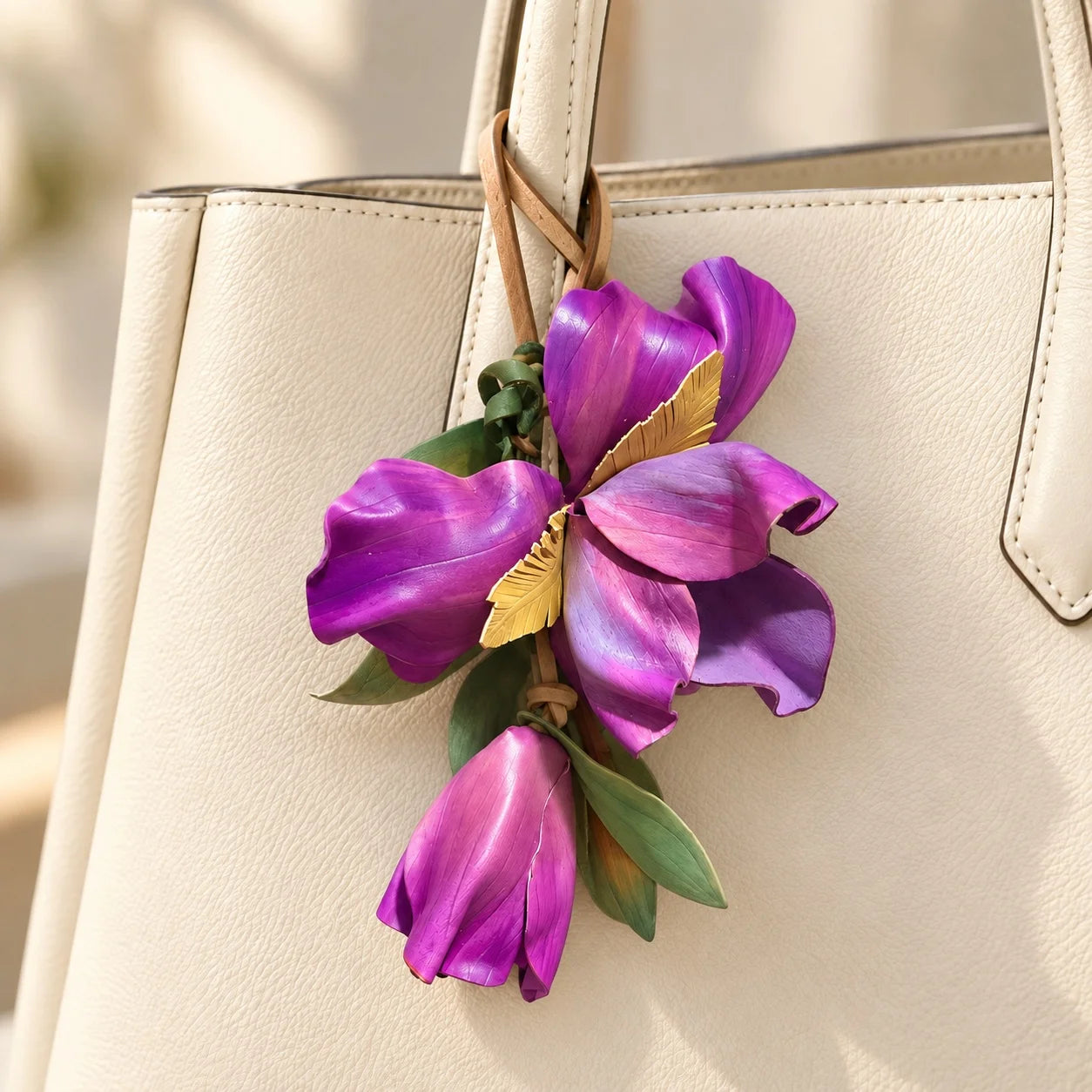 Handcrafted Sculptural Purple Leather Floral Bag Charm with Golden Botanical Accents and Pendant Bud for Refined, Artful Handbag Styling for Women