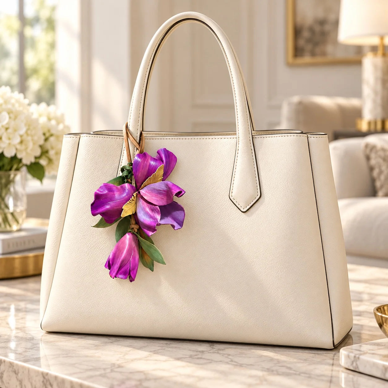 Handcrafted Sculptural Purple Leather Floral Bag Charm with Golden Botanical Accents and Pendant Bud for Refined, Artful Handbag Styling for Women