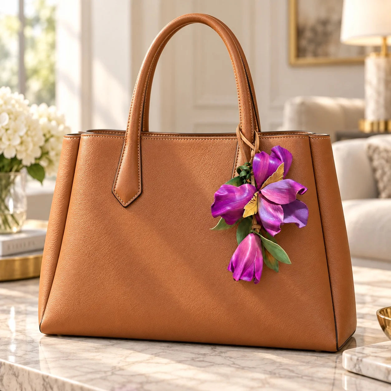 Handcrafted Sculptural Purple Leather Floral Bag Charm with Golden Botanical Accents and Pendant Bud for Refined, Artful Handbag Styling for Women