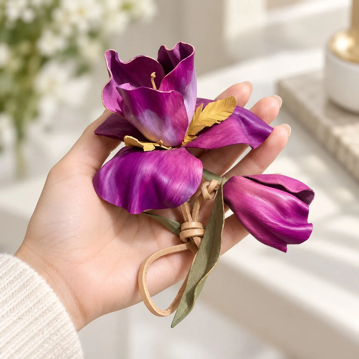 Handcrafted Sculptural Purple Leather Floral Bag Charm with Golden Botanical Accents and Pendant Bud for Refined, Artful Handbag Styling for Women