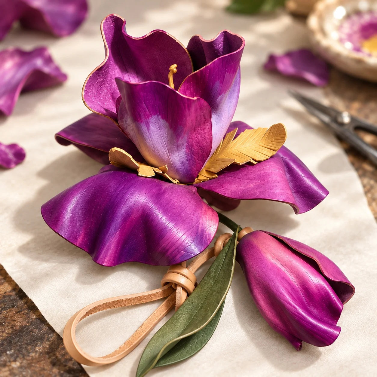 Handcrafted Sculptural Purple Leather Floral Bag Charm with Golden Botanical Accents and Pendant Bud for Refined, Artful Handbag Styling for Women