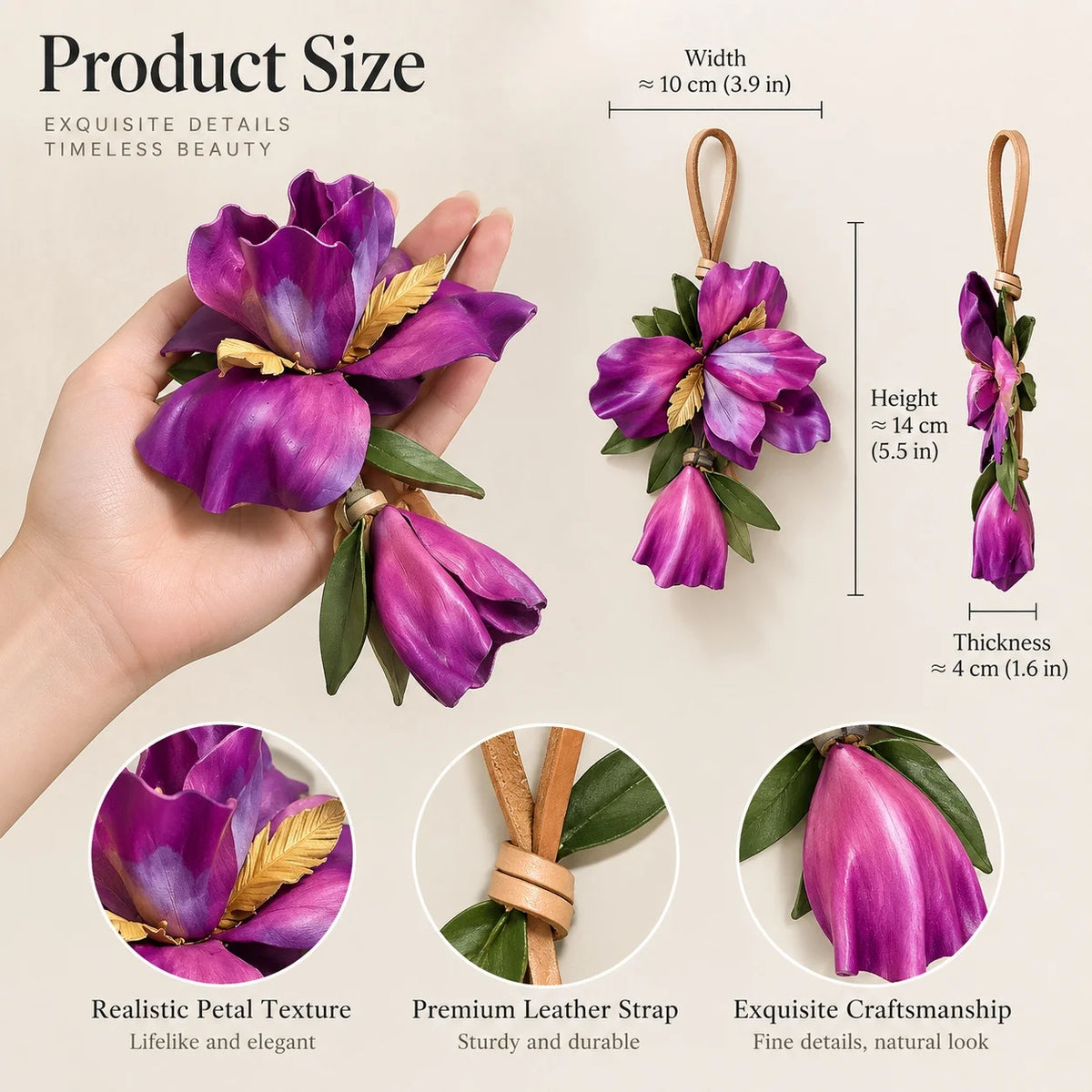 Handcrafted Sculptural Purple Leather Floral Bag Charm with Golden Botanical Accents and Pendant Bud for Refined, Artful Handbag Styling for Women