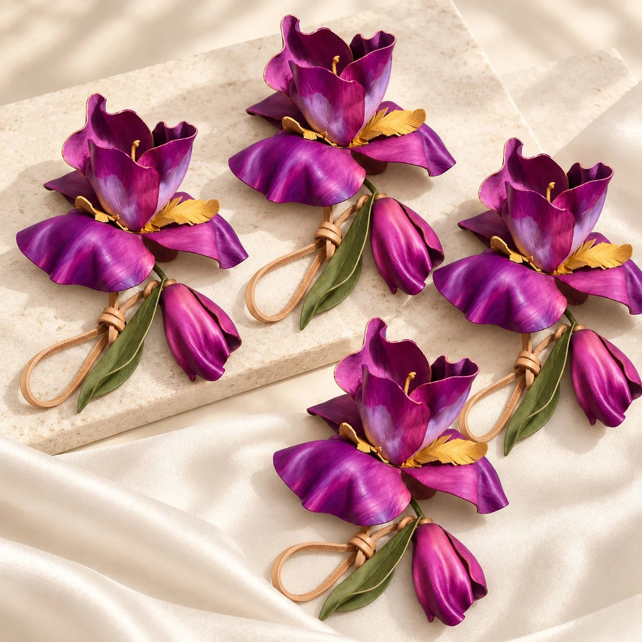 Handcrafted Sculptural Purple Leather Floral Bag Charm with Golden Botanical Accents and Pendant Bud for Refined, Artful Handbag Styling for Women