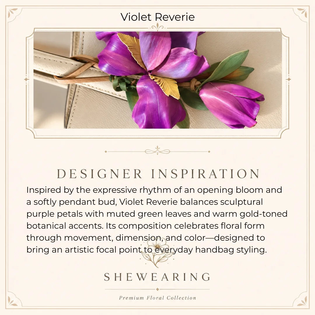 Handcrafted Sculptural Purple Leather Floral Bag Charm with Golden Botanical Accents and Pendant Bud for Refined, Artful Handbag Styling for Women