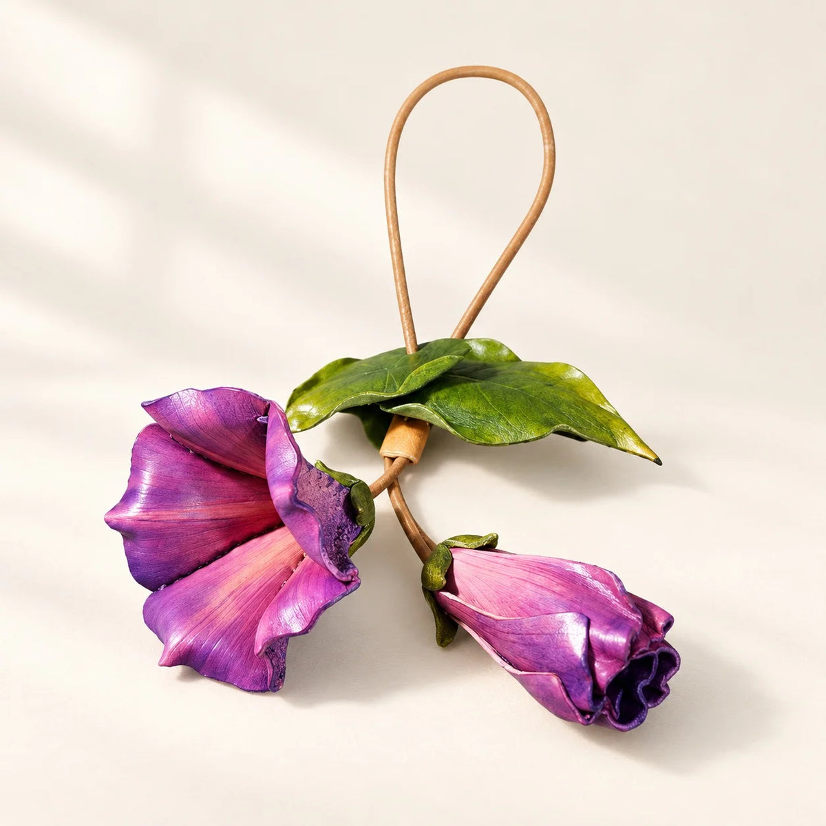 Sculptural Purple Morning Glory Leather Floral Bag Charm with Open Bloom and Folded Bud for Handbags in Violet, Magenta and Soft Pink