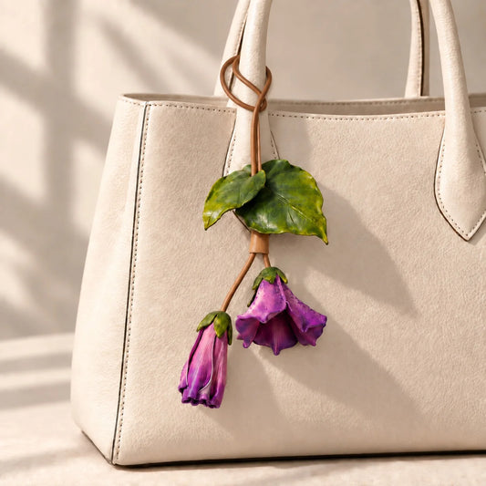 Colgante Escultórico de Cuero de Campanilla Morada con Flor Abierta y Capullo Plegado para Bolsos en Violeta, Magenta y Rosa Suave