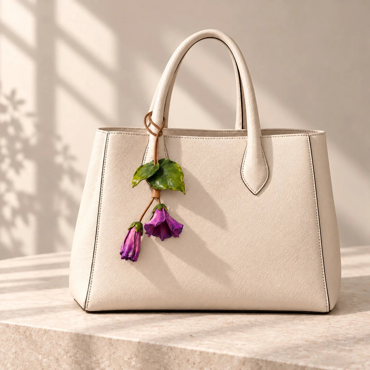 Sculptural Purple Morning Glory Leather Floral Bag Charm with Open Bloom and Folded Bud for Handbags in Violet, Magenta and Soft Pink
