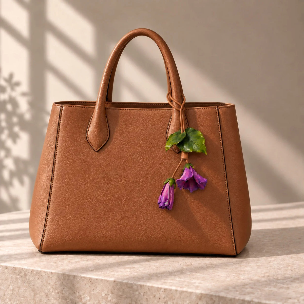 Sculptural Purple Morning Glory Leather Floral Bag Charm with Open Bloom and Folded Bud for Handbags in Violet, Magenta and Soft Pink