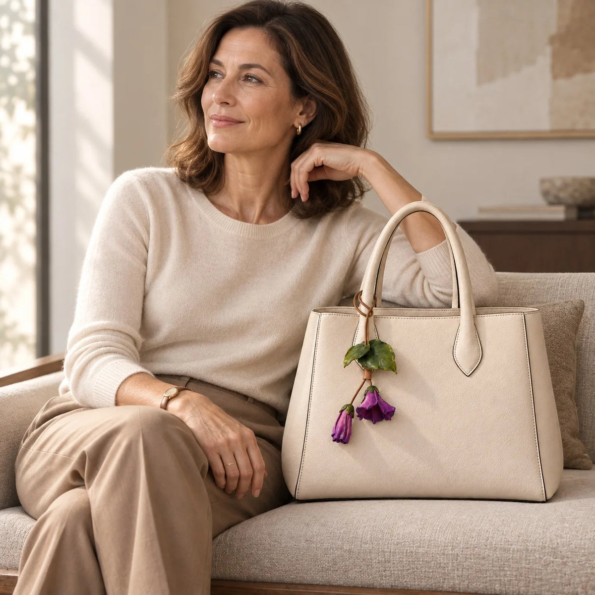 Sculptural Purple Morning Glory Leather Floral Bag Charm with Open Bloom and Folded Bud for Handbags in Violet, Magenta and Soft Pink
