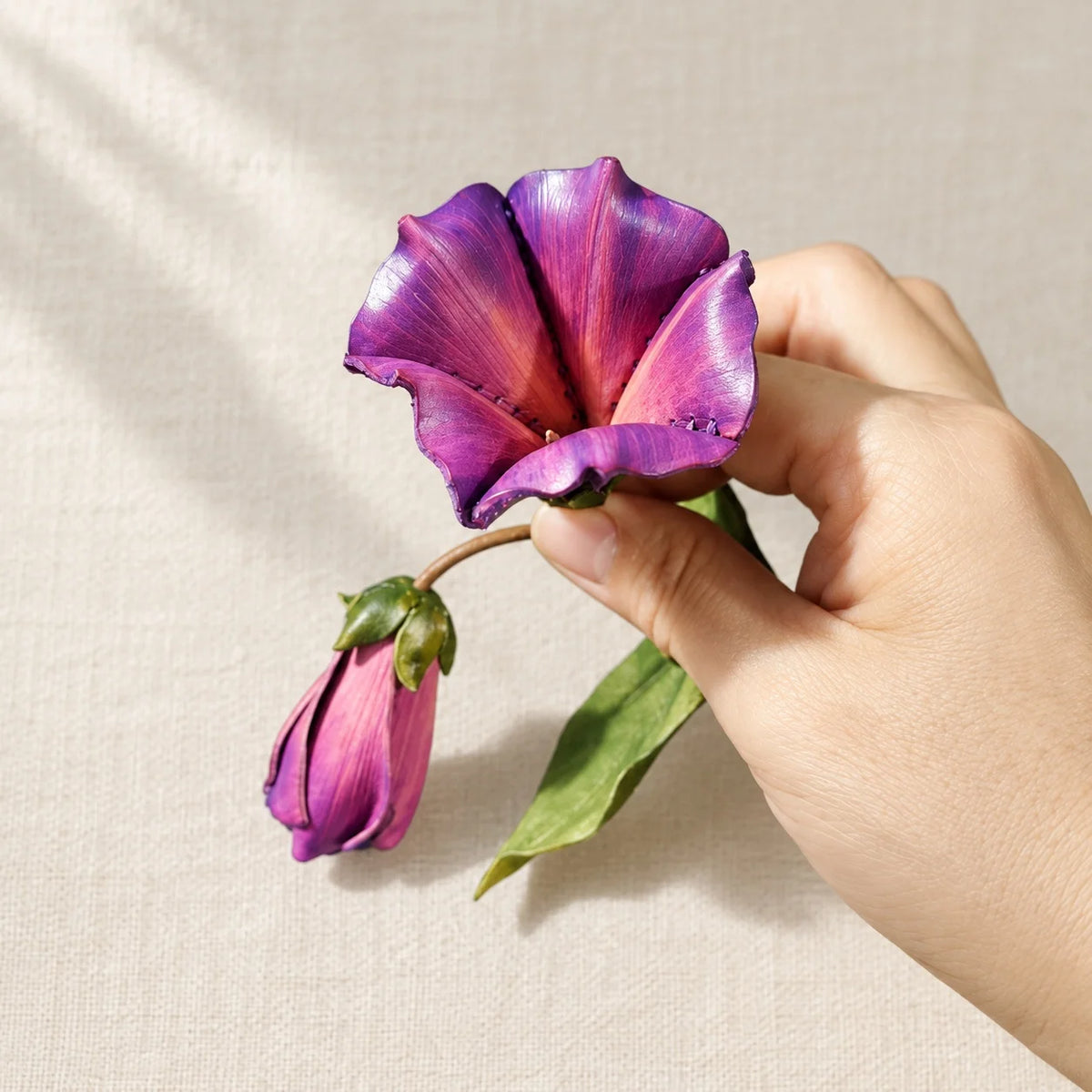 Sculptural Purple Morning Glory Leather Floral Bag Charm with Open Bloom and Folded Bud for Handbags in Violet, Magenta and Soft Pink