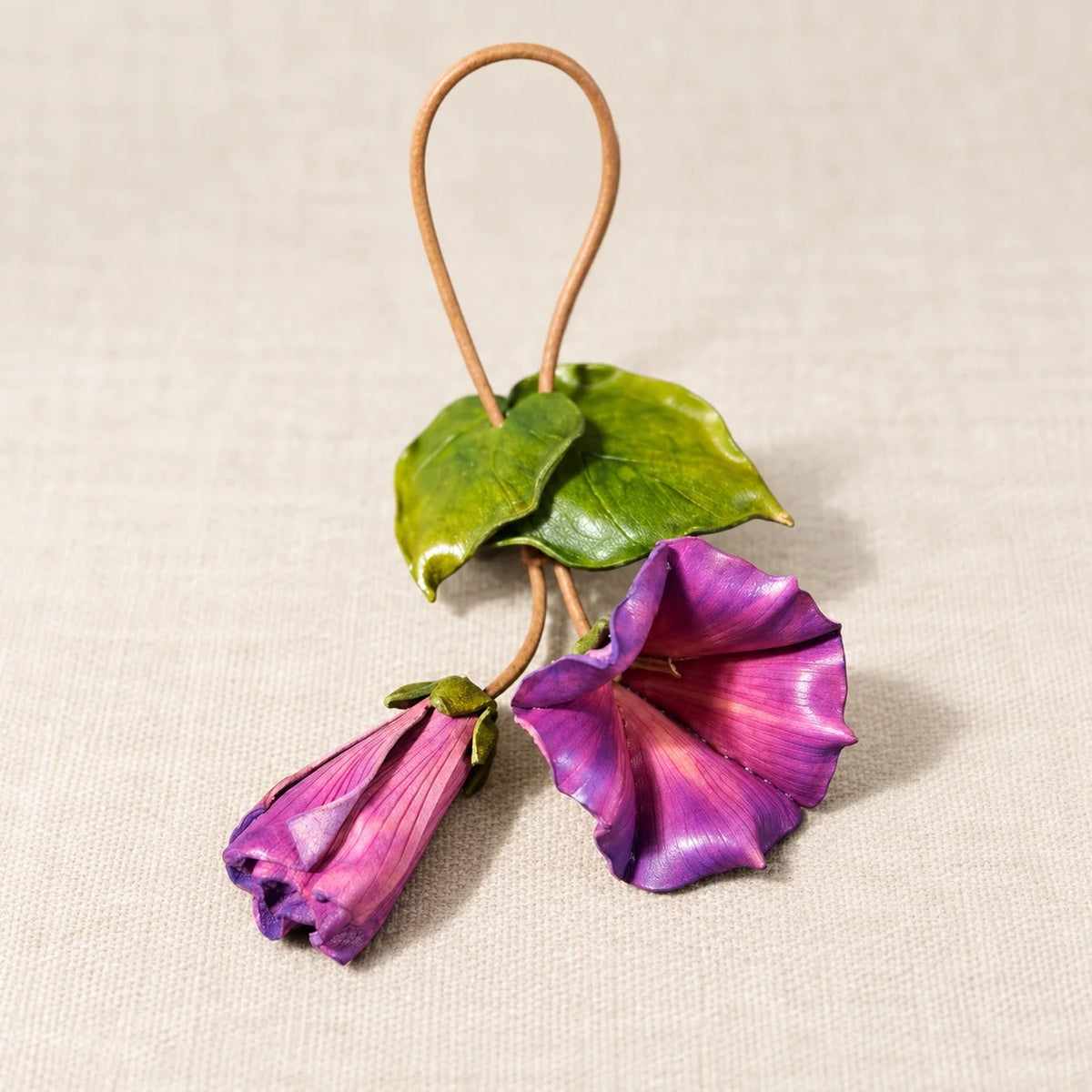Sculptural Purple Morning Glory Leather Floral Bag Charm with Open Bloom and Folded Bud for Handbags in Violet, Magenta and Soft Pink