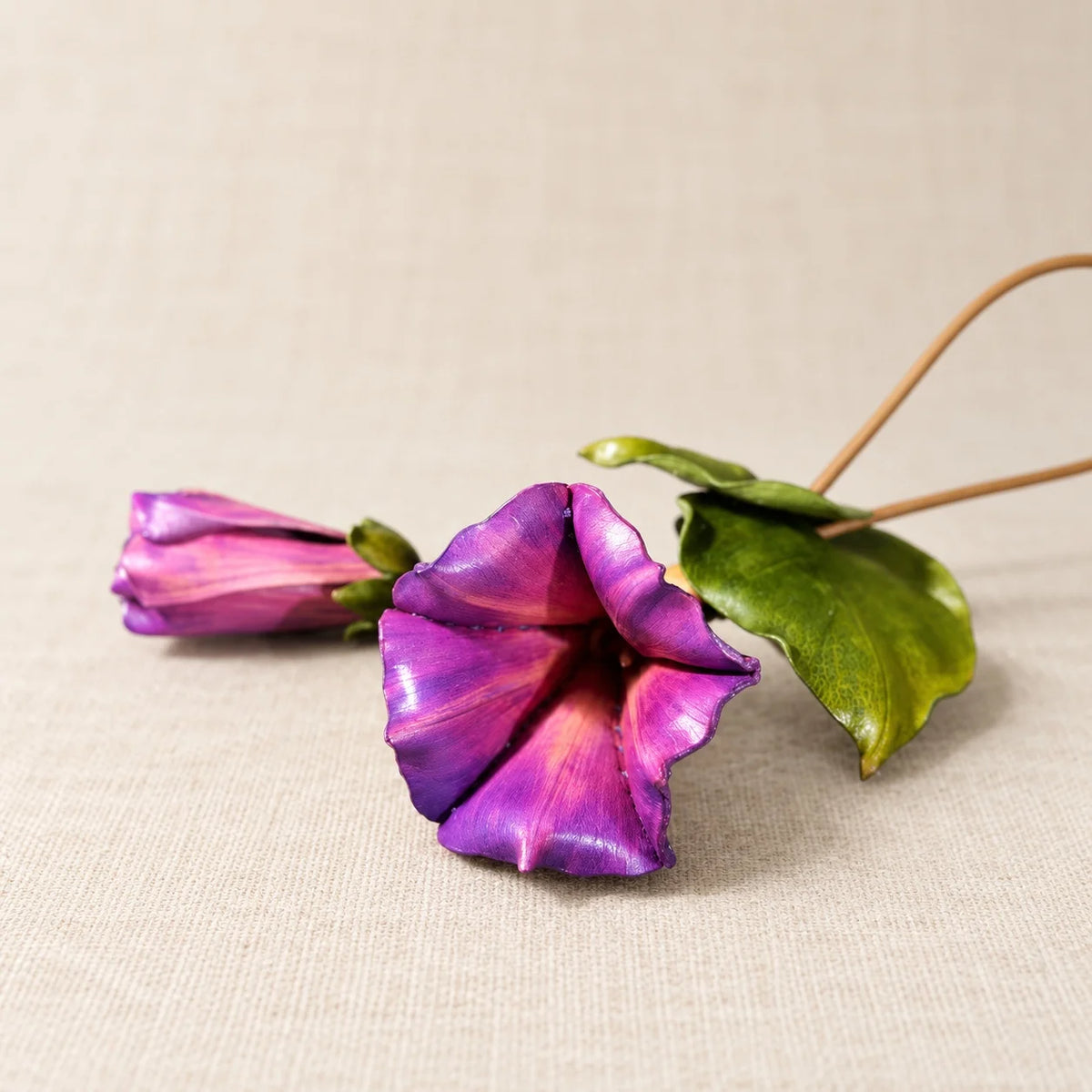 Sculptural Purple Morning Glory Leather Floral Bag Charm with Open Bloom and Folded Bud for Handbags in Violet, Magenta and Soft Pink