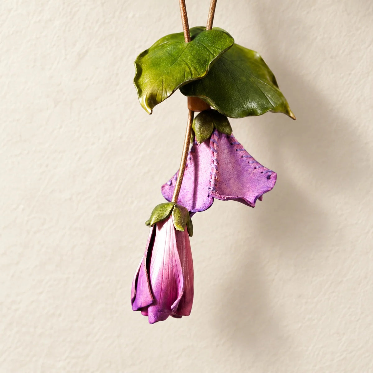 Sculptural Purple Morning Glory Leather Floral Bag Charm with Open Bloom and Folded Bud for Handbags in Violet, Magenta and Soft Pink