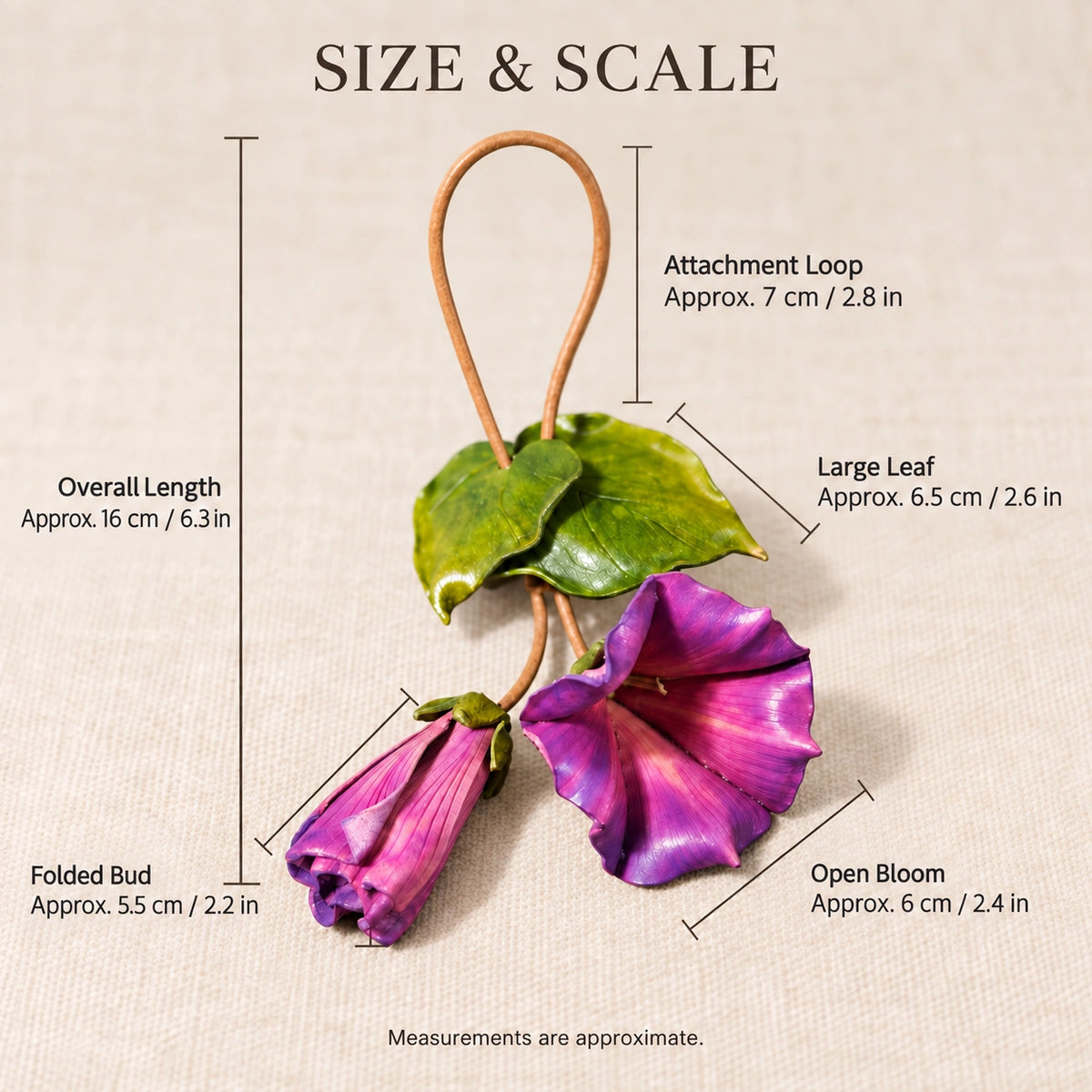 Sculptural Purple Morning Glory Leather Floral Bag Charm with Open Bloom and Folded Bud for Handbags in Violet, Magenta and Soft Pink
