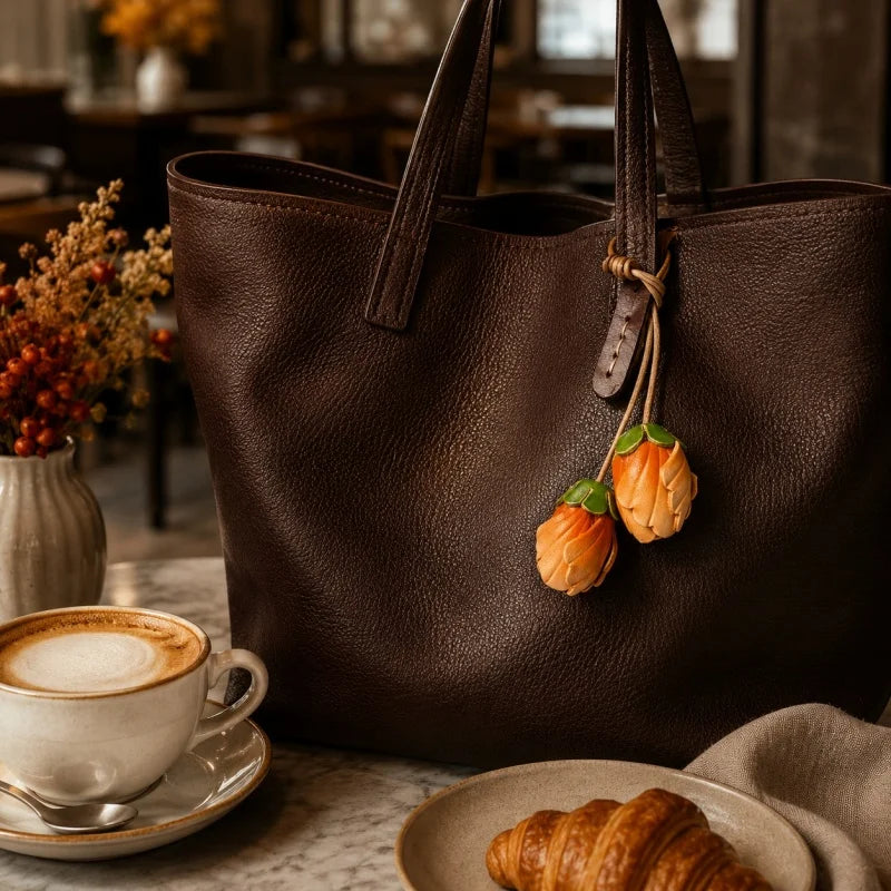 Amuleto de Piel con Doble Flor Hecho a Mano – Colgante Floral de Piel de Becerro Artesanal con Diseño de Dos Capullos | Elegante Accesorio de Temporada | Regalo Detallista para Ella