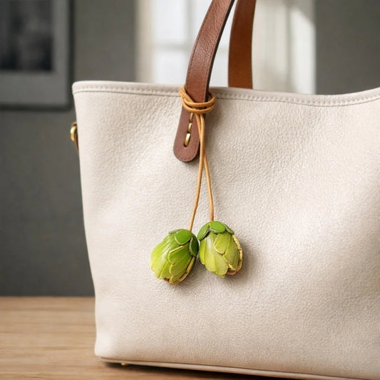 Handcrafted Double Bloom Leather Bag Charm – Artisan-Calfskin Floral Pendant with Twin Bud Design | Elegant Seasonal Accessory | Thoughtful Gift for Her