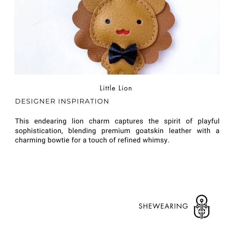 Charming Little Lion Leather Bag Charm – Handcrafted Full-Grain Goatskin Pendant with Bowtie | Customizable Keychain Accessory | Cute Gift for Women