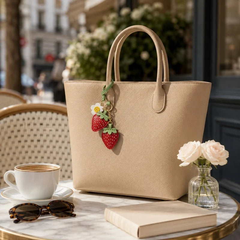 Precioso dije de fresa para bolso de cuero – Colgante artesanal inspirado en la fruta con detalle de margarita | Divertido llavero | Un regalo encantador para mujer