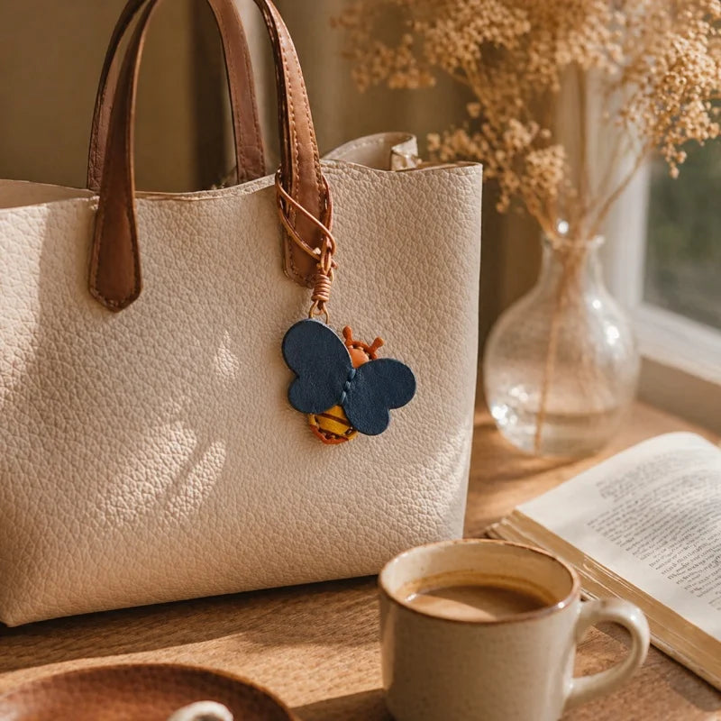 Dije para bolso de piel de abeja y tarro de miel – Colgante de piel de vaca de grano completo hecho a mano | Precioso llavero inspirado en insectos | Accesorio creativo para bolsos y llaves