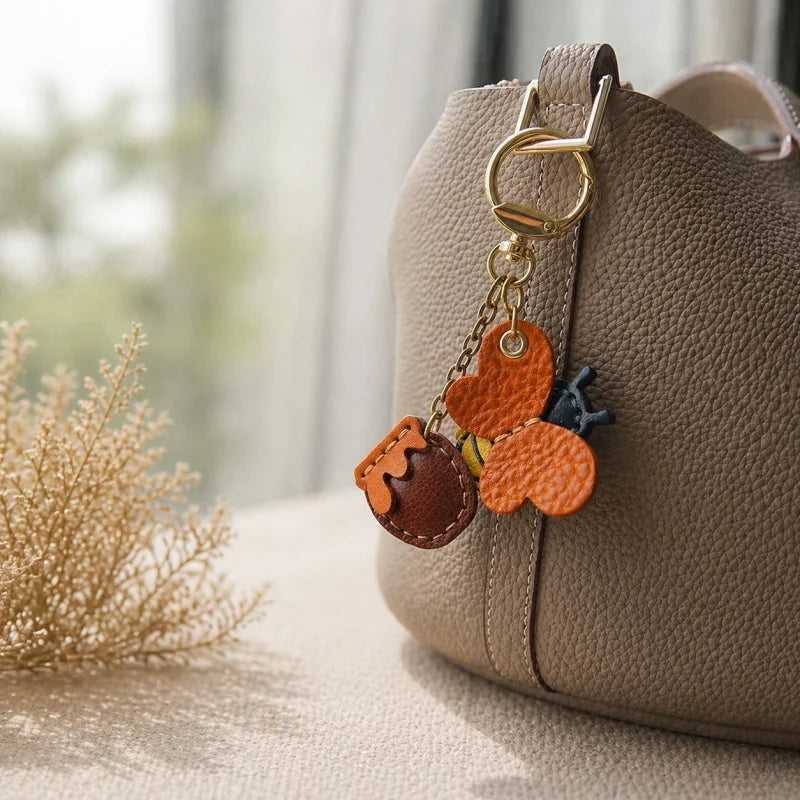 Dije para bolso de piel de abeja y tarro de miel – Colgante de piel de vaca de grano completo hecho a mano | Precioso llavero inspirado en insectos | Accesorio creativo para bolsos y llaves