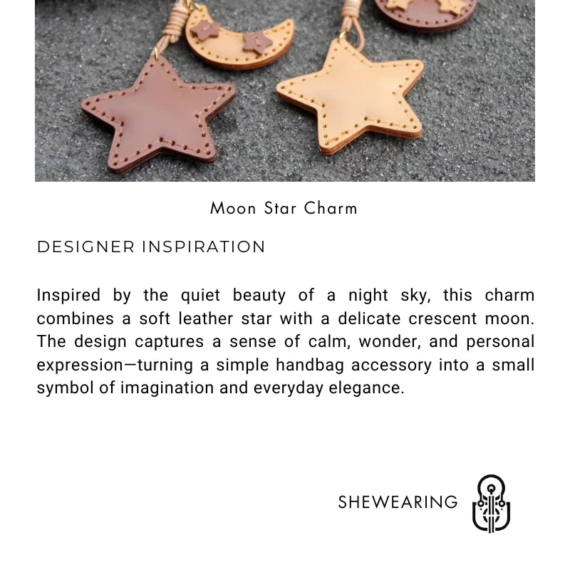 Llavero de Piel Luna y Estrella Hecho a Mano – Colgante Minimalista Celestial para Bolso | Accesorio para Bolso de Piel de Grano Completo | Regalo Elegante para Ella