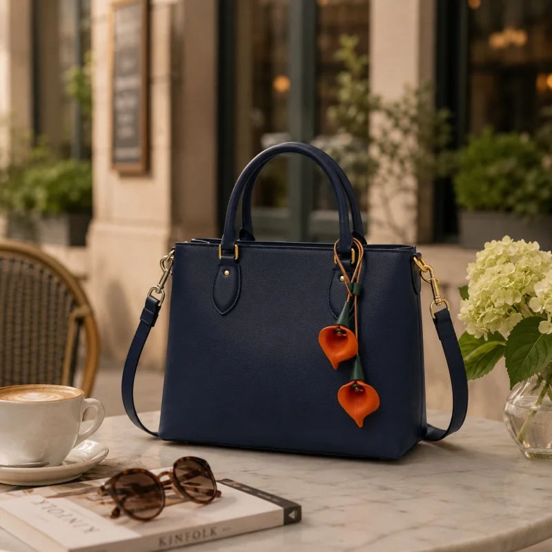 Elegante dije para bolso de piel de cala – Colgante de piel de vaca plena flor hecho a mano | Llavero artístico inspirado en flores | Accesorio de lujo para bolsos