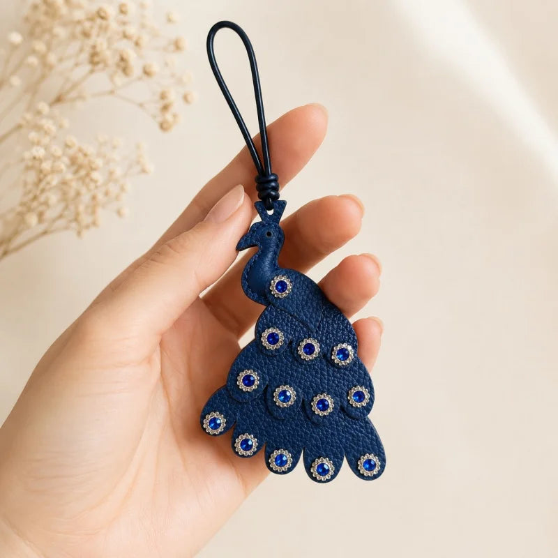 Handcrafted Peacock Leather Bag Charm – Full-Grain Leather Pendant with Crystal Details | Elegant Blue Statement Accessory