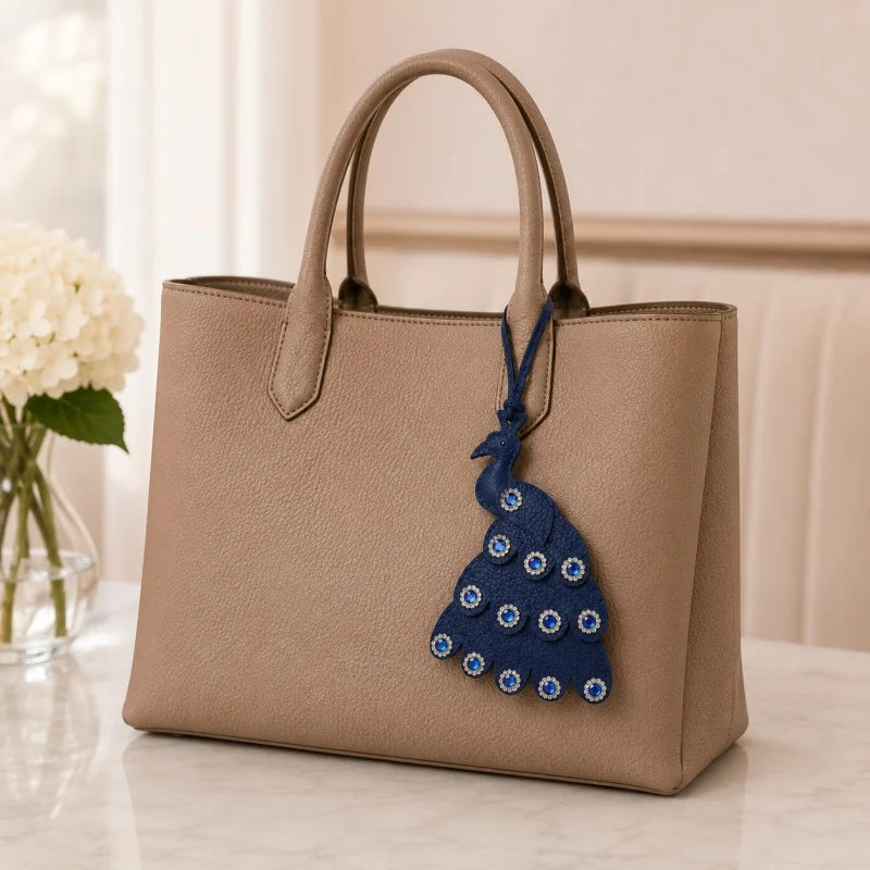 Handcrafted Peacock Leather Bag Charm – Full-Grain Leather Pendant with Crystal Details | Elegant Blue Statement Accessory