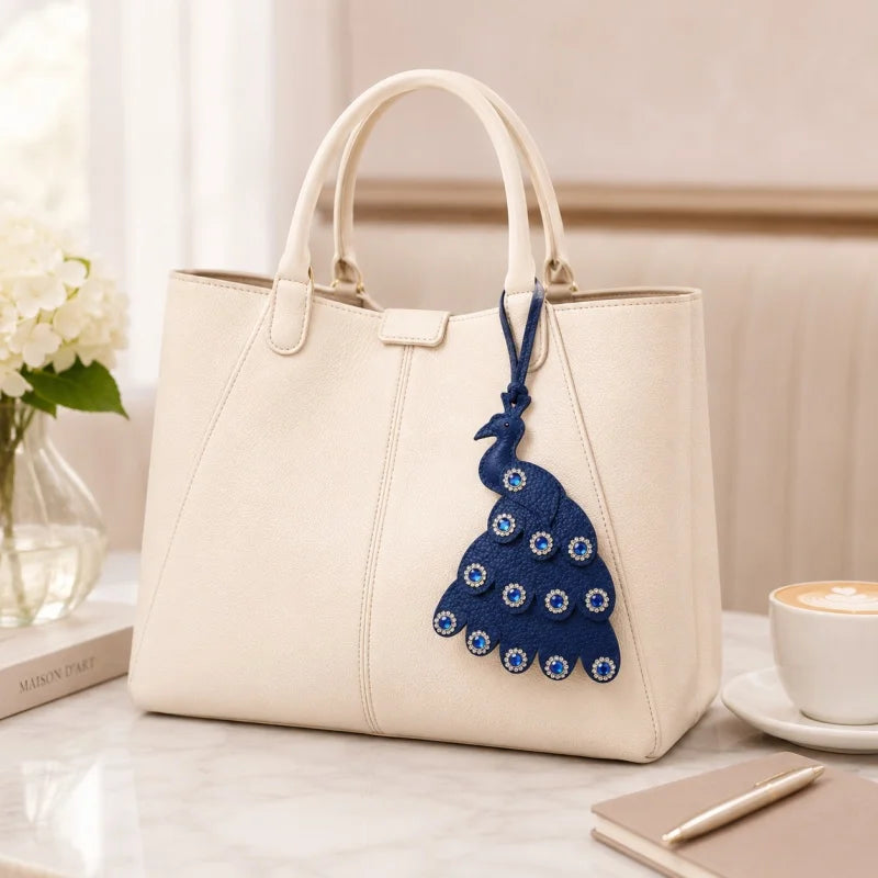 Handcrafted Peacock Leather Bag Charm – Full-Grain Leather Pendant with Crystal Details | Elegant Blue Statement Accessory
