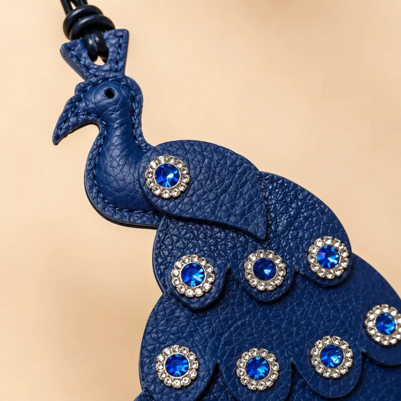 Handcrafted Peacock Leather Bag Charm – Full-Grain Leather Pendant with Crystal Details | Elegant Blue Statement Accessory