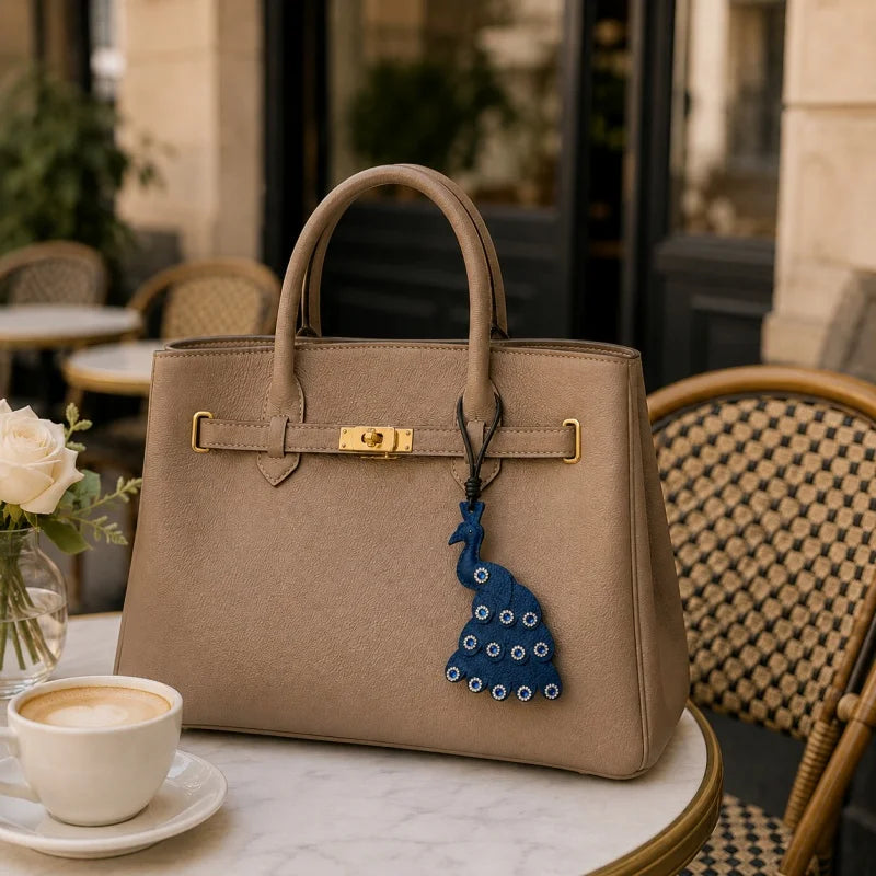 Handcrafted Peacock Leather Bag Charm – Full-Grain Leather Pendant with Crystal Details | Elegant Blue Statement Accessory