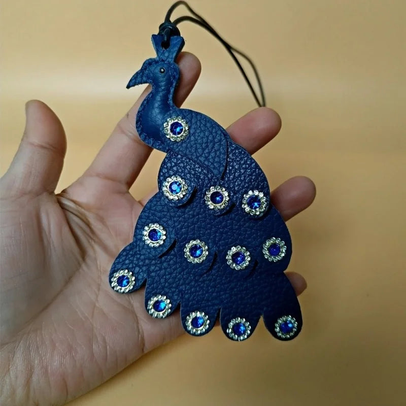 Handcrafted Peacock Leather Bag Charm – Full-Grain Leather Pendant with Crystal Details | Elegant Blue Statement Accessory | Sophisticated Gift for Her