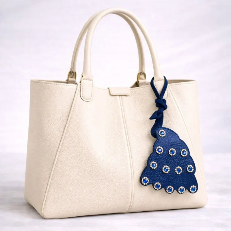 Handcrafted Peacock Leather Bag Charm – Full-Grain Leather Pendant with Crystal Details | Elegant Blue Statement Accessory | Sophisticated Gift for Her