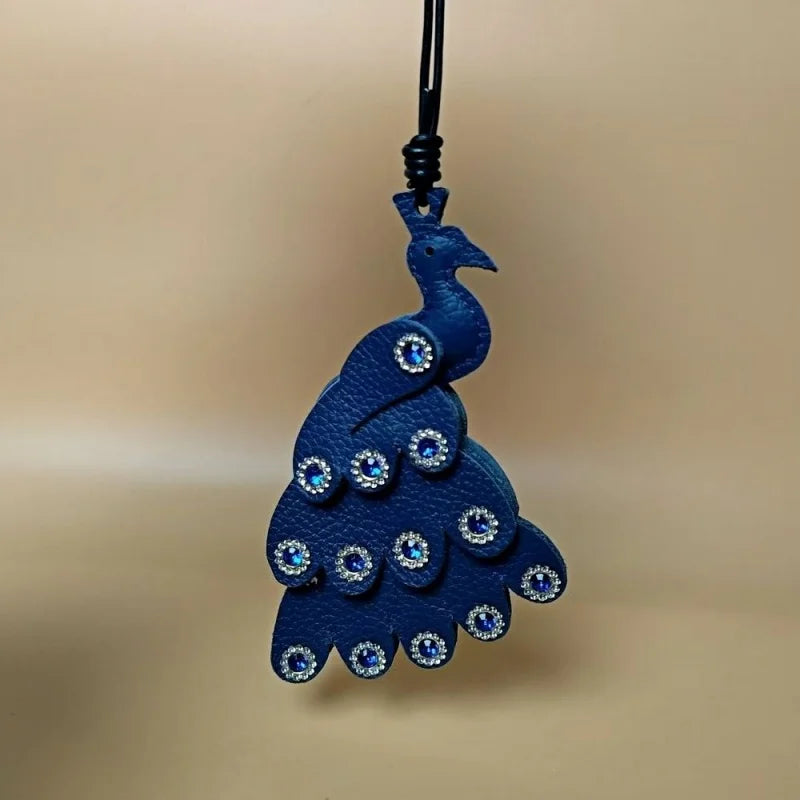 Handcrafted Peacock Leather Bag Charm – Full-Grain Leather Pendant with Crystal Details | Elegant Blue Statement Accessory | Sophisticated Gift for Her