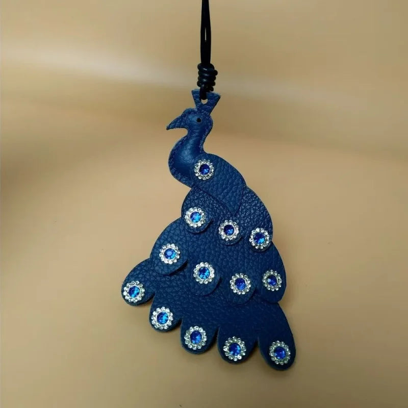 Handcrafted Peacock Leather Bag Charm – Full-Grain Leather Pendant with Crystal Details | Elegant Blue Statement Accessory | Sophisticated Gift for Her