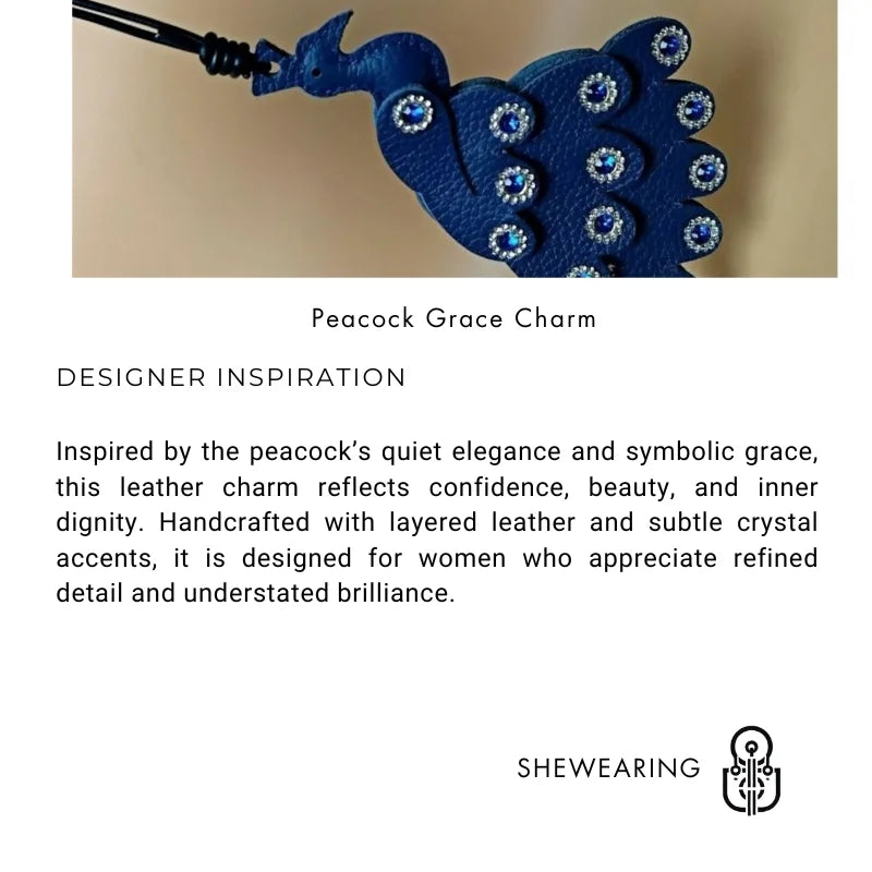 Handcrafted Peacock Leather Bag Charm – Full-Grain Leather Pendant with Crystal Details | Elegant Blue Statement Accessory | Sophisticated Gift for Her