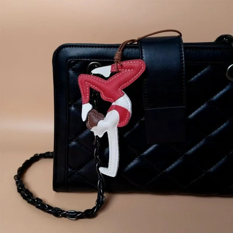 Handcrafted Yoga Girl Leather Bag Charm – Full-Grain Leather Balance Pose Pendant | Artistic Red Statement Accessory | Empowering Gift for Her