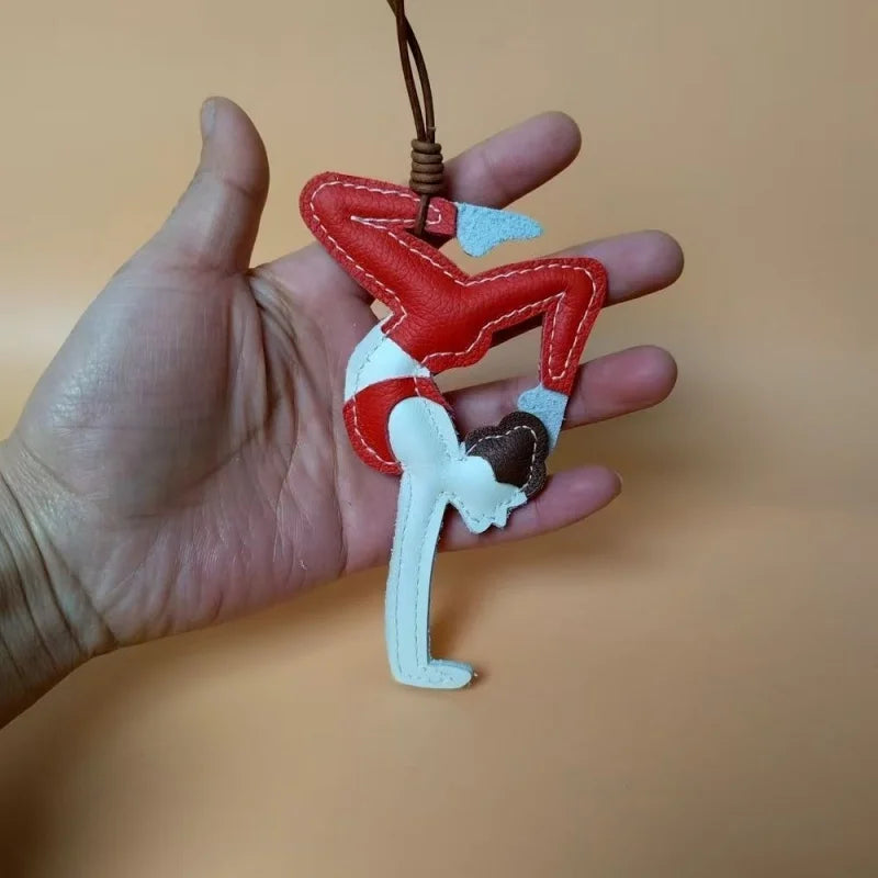 Handcrafted Yoga Girl Leather Bag Charm – Full-Grain Leather Balance Pose Pendant | Artistic Red Statement Accessory | Empowering Gift for Her