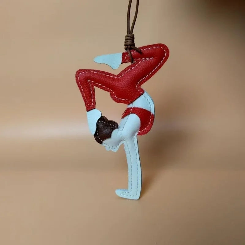Handcrafted Yoga Girl Leather Bag Charm – Full-Grain Leather Balance Pose Pendant | Artistic Red Statement Accessory | Empowering Gift for Her