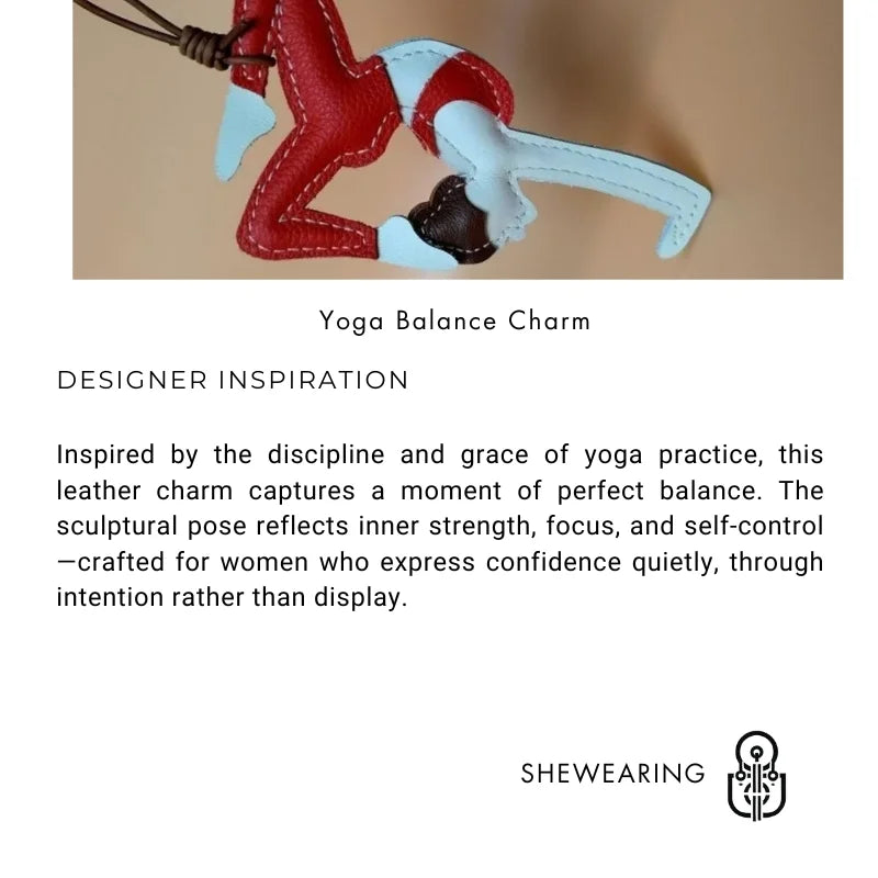 Handcrafted Yoga Girl Leather Bag Charm – Full-Grain Leather Balance Pose Pendant | Artistic Red Statement Accessory | Empowering Gift for Her