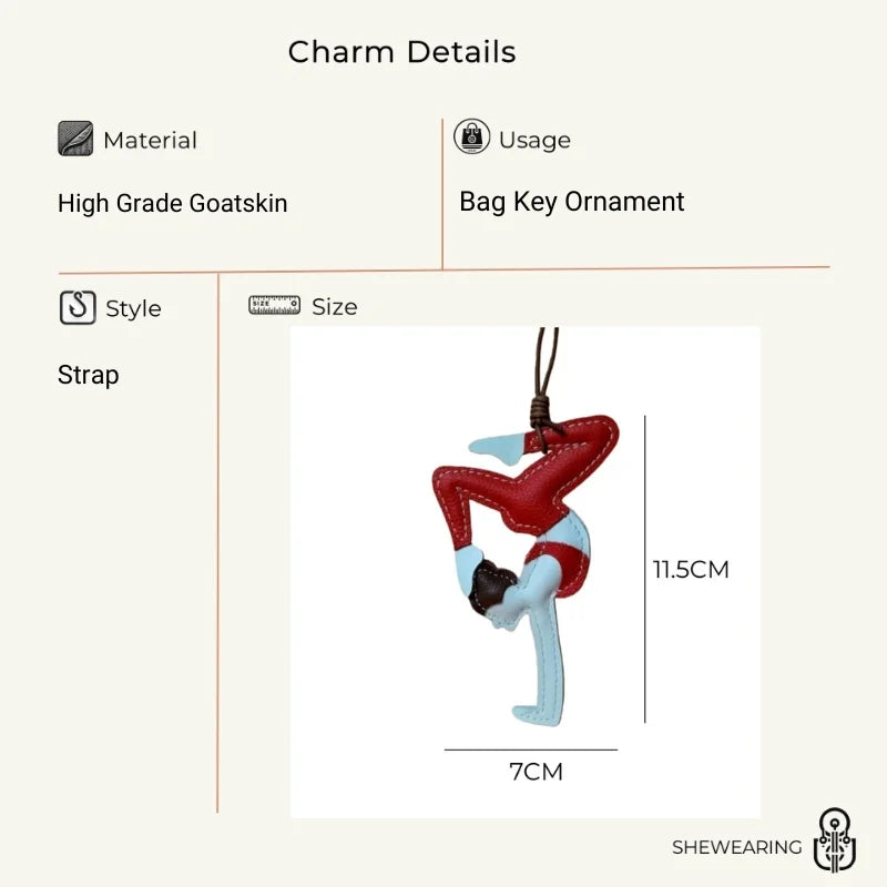 Handcrafted Yoga Girl Leather Bag Charm – Full-Grain Leather Balance Pose Pendant | Artistic Red Statement Accessory | Empowering Gift for Her