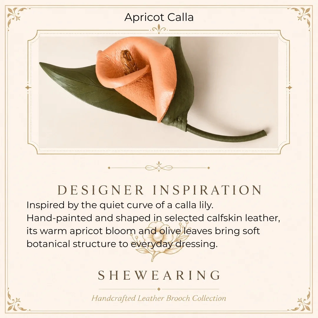 Broche de piel de becerro con cala albaricoque pintada a mano, accesorio de moda floral artesanal para blazers, abrigos y prendas de punto