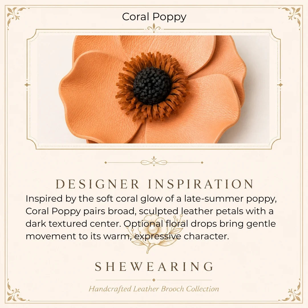 Broche Floral Escultórico de Piel en Tonos Melocotón y Naranja Cálidos, Hecho a Mano, Accesorio Floral para Blazers, Abrigos y Prendas de Punto