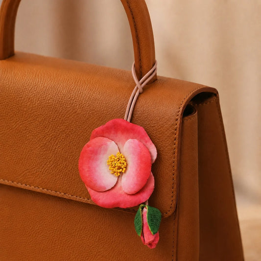 Hand-Painted Coral Camellia Leather Bag Charm with Delicate Bud, Artistic Botanical Handbag Accessory