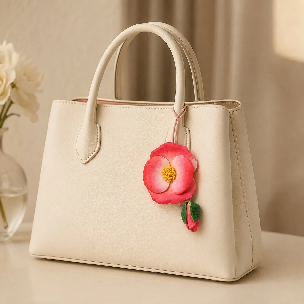 Hand-Painted Coral Camellia Leather Bag Charm with Delicate Bud, Artistic Botanical Handbag Accessory