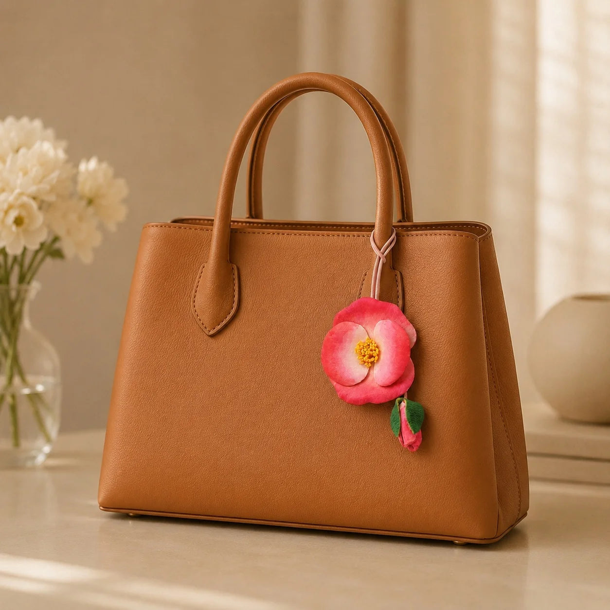 Hand-Painted Coral Camellia Leather Bag Charm with Delicate Bud, Artistic Botanical Handbag Accessory